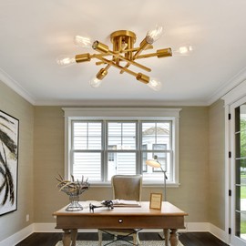 ASGYISA 6-Lights Semi Flush Mount Ceiling Light Fixture Gold Modern Matte Sputnik Chandelier Vintage Ceiling Lamp Farmhouse for Kitchen Bedroom Dining Room Living Room with E26 Bulb Base