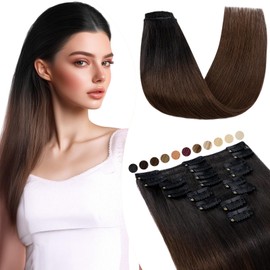 Elailite Real Hair Clip-In Extensions, 8 Wefts, Straight, #1BT4 Natural Black Ombre Medium Brown, Real Human Hair Extensions, 55 cm - 75 g