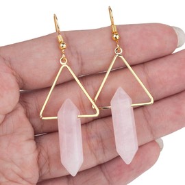 Nupuyai Rose Quartz Stone Dangle Drop Earrings for Women, Hexagonal Double Points Healing Crystal Quartz Gold Plated Triangle Earrings with Hook