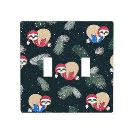 Moslion Christmas Sloth 2-Gang Switch Covers Winter Green Mistletoe Tree Blue Red Balls Ball Double Toggle Wall Plate Outlet Covers Light Plug for Kitchen Home