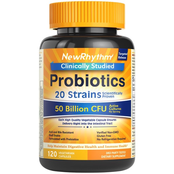 NewRhythm Probiotics 50 Billion CFU 20 Strains, 120 Veggie Capsules,