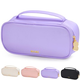 Sooez PU Pencil Case, High Capacity Pencil Bag, Aesthetic Pen Pouch with zipper, 3 Compartment Pen Bag Wide Opening, Portable Stationery Storage and Organizer, School Supplies for Teen, Purple