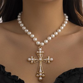 Big Cross Necklace for Women Gothic Cross Necklace Chunky Pearl Cross Necklace for Women Large Cross Pendant Vintage Jewelry for Women (Gold)