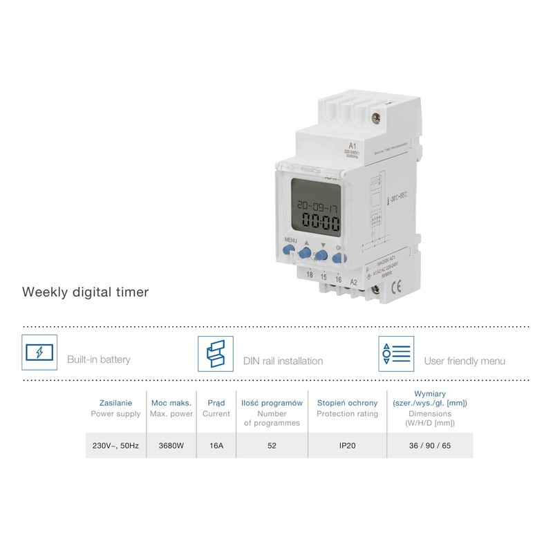 TH-35 LCD Digital Timer, DIN Rail, 1 Channel, 52 Programmes