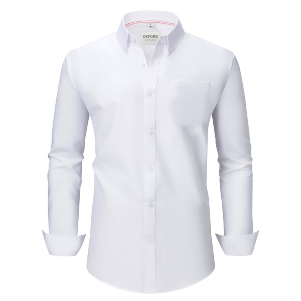 Men's Oxford Long Sleeve Shirts Classic Button-Down Solid (White/M Thickened