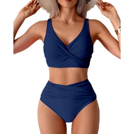 Fanuerg Women High Waisted Bikini Sets V Neck Cross Twist Front Two Piece Swimsuit Tummy Control Bathing Suit Grey Blue S