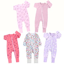 Kawaii Baby Essentials Cotton Long-Sleeve 2-Way Zipper Bodysuit Foldover Hand and Foot Cuff, Pack of 5 (6-9 Months Girl)