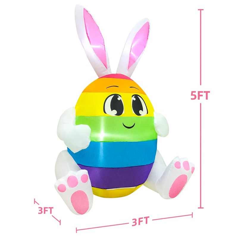 5FT Easter Inflatables Outdoor Decoration Colorful Egg with Bunny Ears,