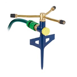 Relaxdays Lawn Sprinkler 360° Garden Irrigation 11m Range Ground Spike 3 Arm Circular Sprinkler Metal Gold/Blue 24.5x23x20cm