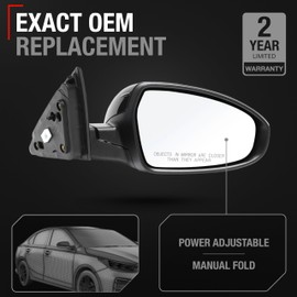Passenger Side Mirror Replacement - Compatible with 2019-2024 Kia Forte - Powered Adjustment, Manual Fold, Convex Glass - Smooth Black, 12H3P - OEM 87620M7000, KI1321226