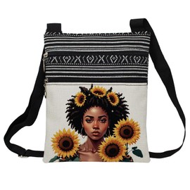 LiuenMgg African American Messenger Bag Small Ethnic Pattern Printed Adjustable Strap Crossbody Zipper Pouch Sunflower Black Woman Phone Organizer Wallet Cute Shoulder Handbag for Black Women