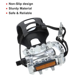 X AUTOHAUX 1 Pair Bicycle Pedals 1/2'' Spindle Platform with Toe Clips Fixed Foot Strap Cycling Parts Black Silver Tone