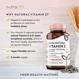 Vitamin E 400IU D-Alpha Tocopherol – 100% Natural Vitamin E – 90 Vegan Capsules – Highly Absorbable – 3 Month Supply – Protects Cells from Oxidative Stress – Made in The UK by Nutravita