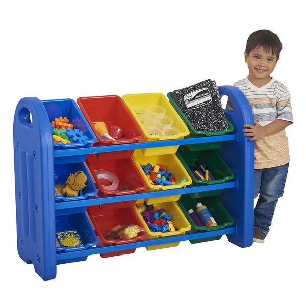 ECR4Kids 3-Tier Toy Storage Organizer with Bins, Blue with 12 Assorted-Color Bins, GREENGUARD Gold Certified Toy Organizer and Storage for Kids’ Toys, Kids’ Toy Storage (ELR-0216)