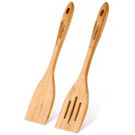 GEEKHOM Bamboo Spatulas for Nonstick Cookware, 13 Inch Extra Large Wooden Wok Turners, Slotted Spatula for Cooking 2 Pack, Heat Resistant Kitchen Utensils Set, Flipper for Pancake Fish Egg