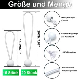 Pack of 30 Bungees with Ball, 15 cm and 20 cm (White)