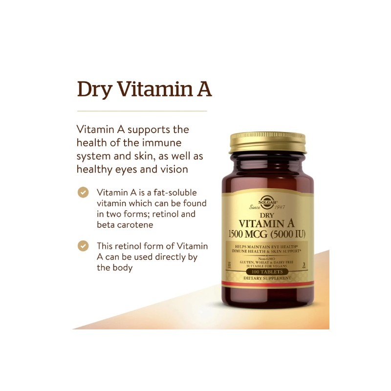 Solgar Dry Vitamin A 100 Count Oil Free Non GMO