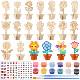 Pack of 20 Wooden Flowers for Painting, Flowers Wooden Craft Sets for Children, 3D Wooden Flowers, Craft Set, Children's Birthday Party with Crystal Stickers, Brushes, Colours for Children for Crafts