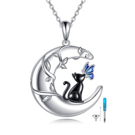 VONALA Cat Necklace for Women 925 Sterling Silver Black Cat Necklace Blue Butterfly Cat Jewellery Gifts Birthday Gifts for Women Cat Lovers Woman, Medium, Sterling Silver, Cubic Zirconia