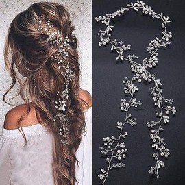 Deniferymakeup Bridal Rose Gold and Gold Silver Extra Long Pearl and Crystal Beads Bridal Hair Vine Wedding Head Piece Bridal Hair Accessories Headban