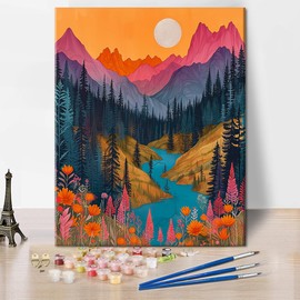 TISHIRON DIY Paint by Numbers Mountain River Flowers Painting by Numbers for Adults and Children with Brushes Sunset Acrylic Painting by Numbers Kits on Canvas Crafts 40 x 50 cm Frameless