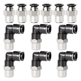 TAILONZ PNEUMATIC Angle and Straight Combination 6MM Pipe AD x 1/8" BSP Thread Push Fit Fittings PC6-01+PL6-01 (Pack of 12)