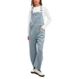 D-Sun Women's Striped Bib Overall Barrel Casual Tapered Overall Pants Wide Leg Adjustable Straps Stretch Jumpsuits