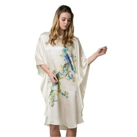 Prettystern Hand Painted Women Silk Long Dress Night-Gown Nightshirt Chinese Art Beige Birds YBS012