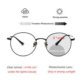 Fashion Round Bifocal Reading Glasses Men Sun Photochromic Lens Metal Frame Transition Presbyopia Female (Black, 0.00/+2.50 Magnification)