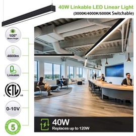 4FT Linkable LED Linear Light, 40W(120W Equv.）4600lm 3000K/4000K/5000K CCT Selectable, Dimmable Architectural LED Suspension Office Lighting Fixture for Market, Garage, ETL,4pack-Black