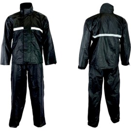 2 PIECE WATERPROOF MOTORBIKE MOTORCYCLE MOTOCROSS REFLECTIVE BLACK RAINSUIT OVERSUIT JACKET TROUSER RAIN SUIT OVER SUIT (2XL)