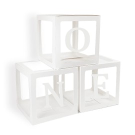 First Birthday Balloons Boxes for Boy or Girl 'ONE' Letters Individual Three White Transparent Square Boxes 1st Birthday Party Decorations Backdrop Photo Shoot Prop
