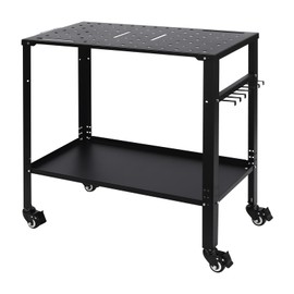 LIAPDG 2-Tiers Steel Welding Table, 36 x 18 x 36-3/8 Inch Freestanding Top Black Rectangular Adjustable Heavy Duty Work Metal Welding Table Bench Work Tables for Shop with Hooks