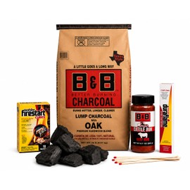 B&B Better Burning Texas Style Lump Charcoal BBQ Gift Bundle with 20 lb Oak Lump Charcoal, Duraflame Firestart Cubes, Texas Cattle Run Beef Rub & Extra Long Grill Matches