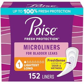 Poise Daily Microliners, Incontinence Panty Liners for Bladder Leaks, 1 Drop Lightest Absorbency, Long Length, 152 Count of Pantiliners (4 Packs of 38)