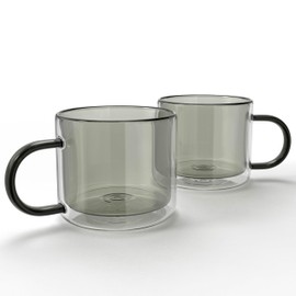elle decor Double Wall Coffee Cups | Set of 2 | Cute Coffee, Tea, and Milk Glass Mugs with Handle | Insulated Espresso Cup | 10-Ounce | Gift Set for Valentines Day, Birthday, & Holidays (Gray)