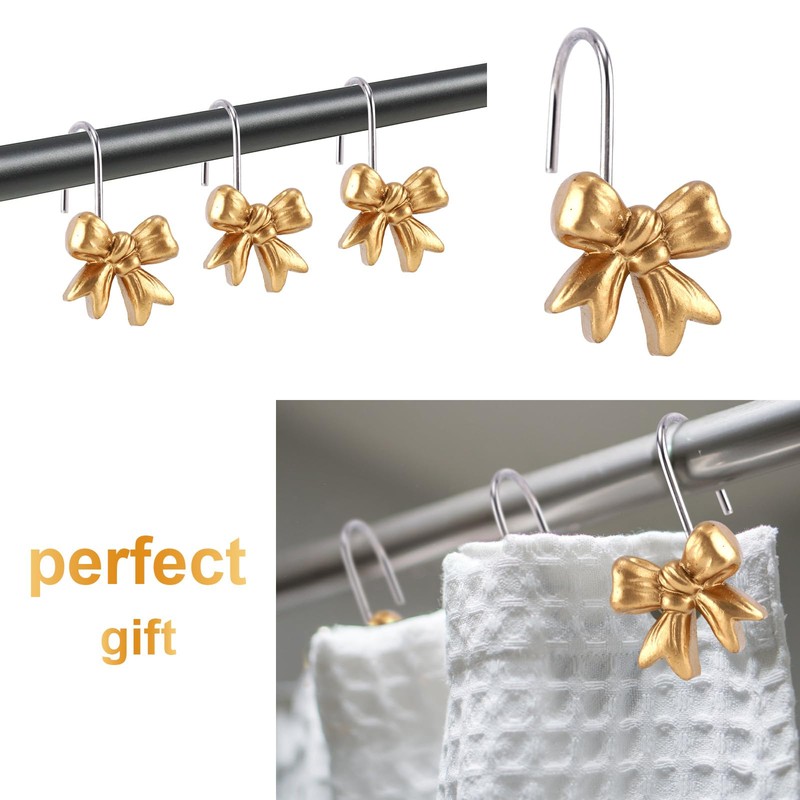 BOXOB 12pcs Gold Bow Shower Curtain Hooks Rings, Stainless Steel