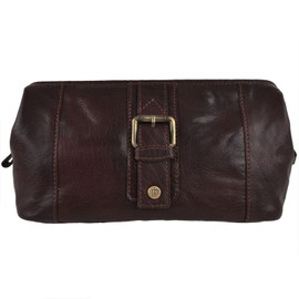 Mens Compact Buffalo Leather Top Framed Wash Bag by PrimeHide Travel-Brown