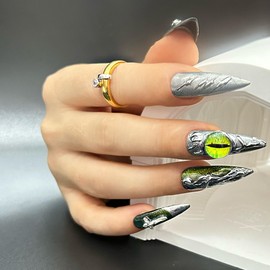 Press on Nails Handmade Luxury Long Style Almond Reusable Party Nail for Women and Girls 10pcs (Green Dragon Eyes, M)