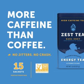 Zest Tea Premium Energy Hot Tea, High Caffeine Blend Natural  - 15 Sachet Bags