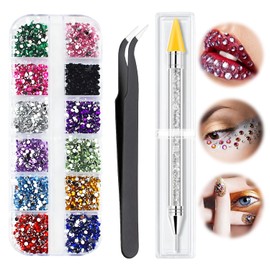 1500 PCS Nail Gems, Flat Back Gems with Pick Up Tweezers and Rhinestone Picker Dotting Pen for Nail Gems Stones Crystals, Ideal for DIY Nail Art Crafts(12 Color)