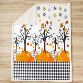 Fall Pumpkin Harvest Throw Blanket,Kids Adults Bedroom/Country Cottage Decor,Black White Plaid Bed Blanket,Maple Autumn Leaves Fleece Blanket,Rustic Bright Fuzzy Blanket,Throw Size (50 x 60 Inches)