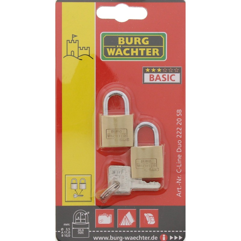 Burg-Wächter Duo 222 20 SB Padlock Set, Brass, Bügelstärke: 3,5