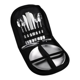 KERMANDO Stainless Steel Outdoor Camping Mess Kits - Includes Forks, Spoons, Knives, Chopsticks, Food Clip, Plates - Portable Cutlery Bag