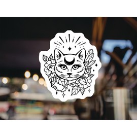 Mystic Cat Sticker - Crystal Decal Lover Gift Witchy Black Decor Floral Design Magic Art 5-inch 2-Pack Stickers CCSTICKER01638