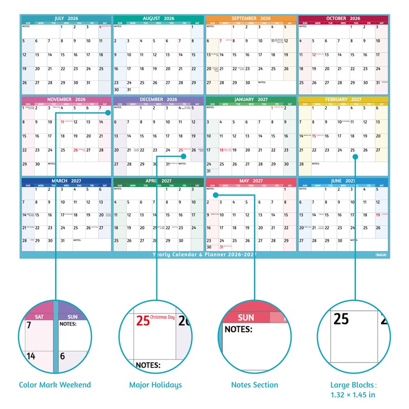 Yearly Wall Calendar 2026-2027 - Large Yearly Calendar, Jul 2026