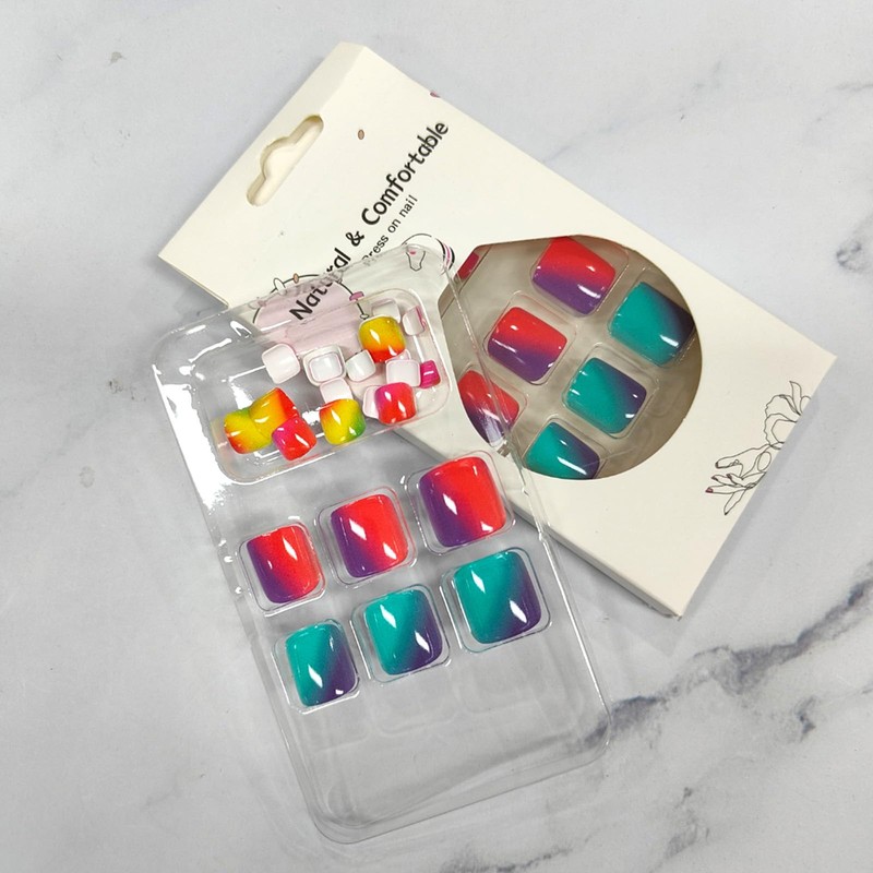 24Pcs Rainbow Colorful Press on Toenails Short Square Fake Toe