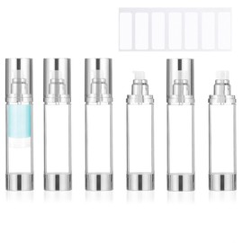 6Pcs 1.7oz/50ml Refillable Airless Pump Bottle, Makeup Pump Dispenser with Labels, Plastic Cosmetic Containers for Storage Travel (Silver)