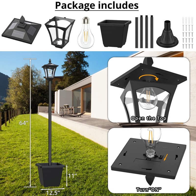 ILANCK 64 Inch Solar Lamp Post Light with Planter, 60