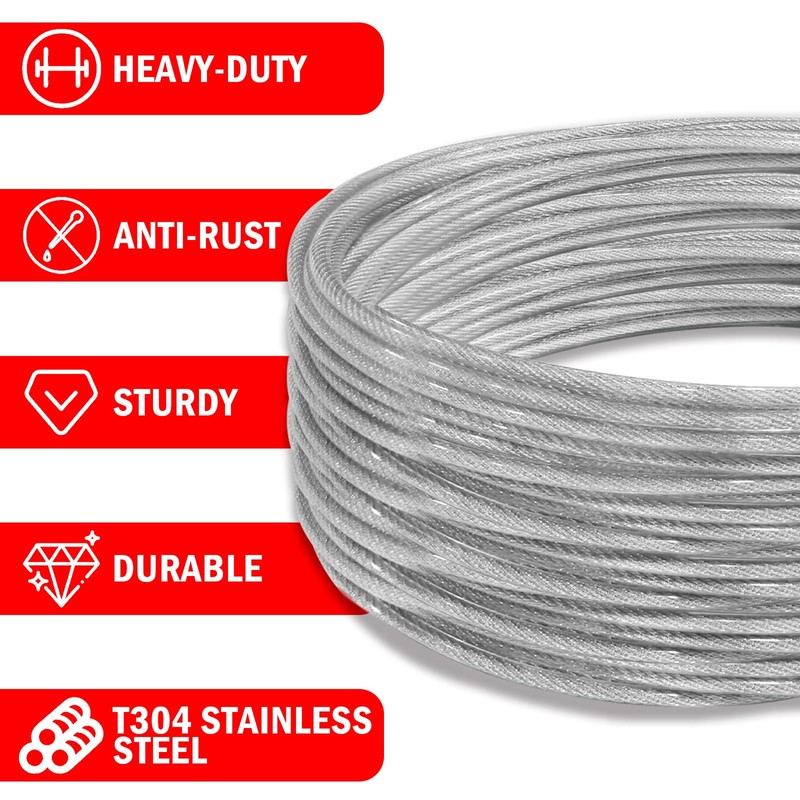 VIVBOO 40ft Clothes Line Outdoors 3/16" Wire Ropes Silver PVC